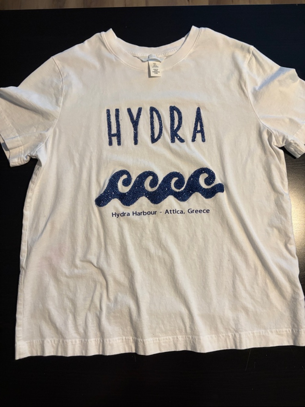 H&M White Short Sleeve Tee with Blue 'HYDRA' Graphic